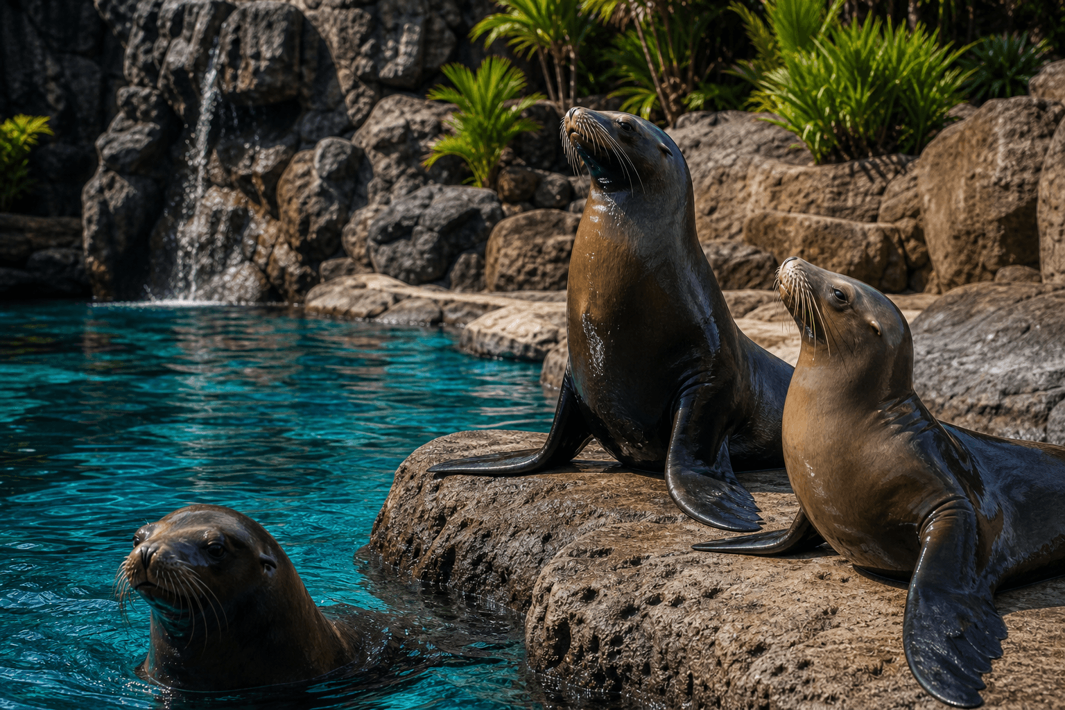 Leoni marini at Loro Parque style habitat